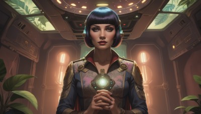 1girl,solo,breasts,looking at viewer,short hair,bangs,black hair,brown eyes,medium breasts,closed mouth,collarbone,jacket,upper body,indoors,blunt bangs,nail polish,lips,dutch angle,makeup,glowing,headphones,leaf,bob cut,own hands together,plant,lipstick,science fiction,nose,red lips,own hands clasped,holding,jewelry,purple hair,fingernails,ring,thick eyebrows,backlighting,realistic