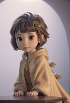 1girl,solo,looking at viewer,blush,smile,short hair,bangs,brown hair,hair ornament,long sleeves,dress,brown eyes,closed mouth,upper body,hood,lips,leaf,table,hood down,child,freckles,nose,female child,leaf hair ornament,leaf on head,hairclip,fur trim,realistic