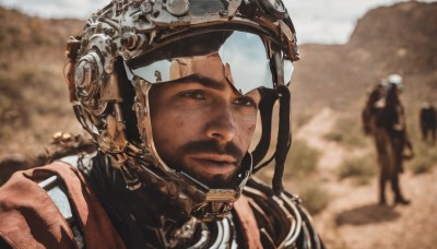 looking at viewer,1boy,closed mouth,male focus,outdoors,multiple boys,solo focus,dark skin,2boys,blurry,depth of field,blurry background,facial hair,helmet,portrait,science fiction,realistic,desert,solo,black hair,brown eyes,sky,day,armor,dark-skinned male,beard