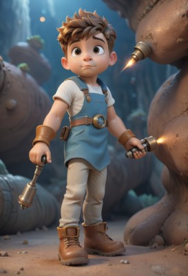 solo,looking at viewer,short hair,brown hair,shirt,1boy,holding,brown eyes,closed mouth,standing,full body,white shirt,weapon,short sleeves,male focus,boots,outdoors,belt,blurry,blurry background,brown footwear,thick eyebrows,wristband,child,fantasy,overalls,male child,hammer,flashlight,artist name,pouch,rock,realistic