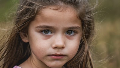 1girl,solo,long hair,looking at viewer,brown hair,brown eyes,closed mouth,blurry,lips,eyelashes,floating hair,depth of field,blurry background,messy hair,portrait,close-up,freckles,realistic,nose,expressionless,serious