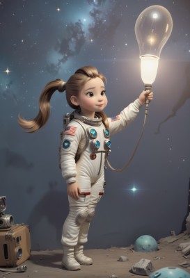 1girl,solo,long hair,smile,brown hair,twintails,brown eyes,standing,sky,star (symbol),black eyes,night,moon,child,star (sky),starry sky,science fiction,realistic,female child,space,american flag,spacecraft,spacesuit,astronaut,ponytail,boots,lips,planet,alien