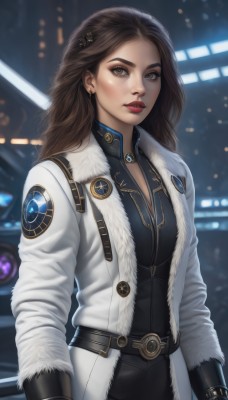 1girl,solo,long hair,breasts,looking at viewer,brown hair,hair ornament,gloves,long sleeves,cleavage,brown eyes,jewelry,standing,earrings,parted lips,open clothes,black gloves,belt,mole,blurry,lips,coat,fur trim,makeup,blurry background,lipstick,eyeshadow,freckles,science fiction,open coat,realistic,nose,white coat,winter clothes,red lips,jacket,upper body,hairclip,necklace,emblem