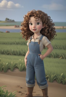 1girl,solo,long hair,looking at viewer,smile,brown hair,shirt,brown eyes,standing,full body,white shirt,short sleeves,boots,outdoors,parted lips,sky,day,collared shirt,cloud,water,blurry,flat chest,blue sky,lips,blurry background,ocean,brown footwear,grass,denim,child,freckles,curly hair,hand in pocket,hands in pockets,female child,overalls,blush,teeth,messy hair