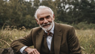 solo,looking at viewer,smile,shirt,long sleeves,1boy,bow,closed mouth,jacket,closed eyes,white shirt,upper body,white hair,male focus,outdoors,collared shirt,bowtie,blurry,vest,dress shirt,black bow,blurry background,facial hair,formal,suit,beard,watch,brown jacket,black bowtie,realistic,mustache,wristwatch,manly,old,old man,traditional bowtie,photo background,depth of field,scar,grass,brown bow,brown vest,tuxedo,brown bowtie,wrinkled skin