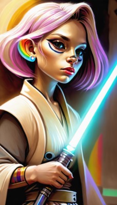 1girl,solo,looking at viewer,short hair,blue eyes,holding,jewelry,upper body,weapon,pink hair,purple hair,earrings,japanese clothes,glasses,sword,kimono,holding weapon,bracelet,lips,makeup,glowing,lipstick,eyeshadow,nose,glowing weapon,energy sword,lightsaber,green eyes,eyelashes,facial mark,science fiction,robe,realistic,eyeliner,facepaint,animification,alien,glowing sword