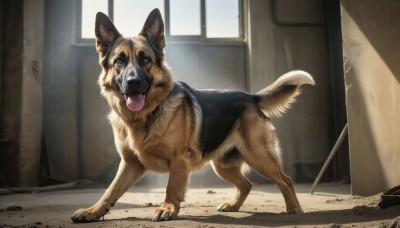 HQ,solo,standing,full body,yellow eyes,day,tongue,indoors,tongue out,no humans,window,animal,reflection,dog,realistic,animal focus,horror (theme),looking at viewer,open mouth,teeth,collar,fangs,sunlight