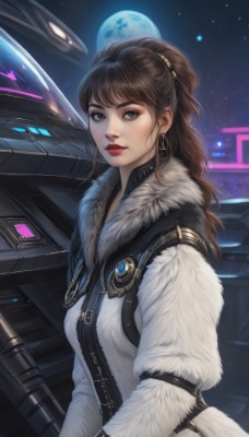 1girl,solo,long hair,breasts,looking at viewer,bangs,blue eyes,brown hair,jewelry,upper body,ponytail,earrings,parted lips,sky,belt,lips,coat,grey eyes,fur trim,makeup,night,moon,robot,lipstick,star (sky),night sky,mecha,full moon,starry sky,science fiction,hoop earrings,nose,white coat,red lips,space,planet,fur coat,brown eyes,green eyes,weapon,artist name,realistic,winter clothes,strap,spacecraft