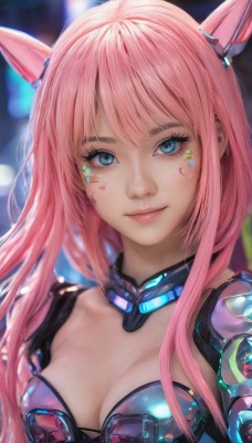 1girl,solo,long hair,breasts,looking at viewer,smile,bangs,blue eyes,animal ears,cleavage,medium breasts,closed mouth,upper body,pink hair,armor,blurry,lips,eyelashes,makeup,blurry background,headgear,facial mark,pink lips,realistic,nose,artist name,depth of field,science fiction,cyborg,cyberpunk