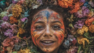 1girl,solo,looking at viewer,smile,black hair,brown eyes,flower,parted lips,teeth,grin,blurry,black eyes,lips,leaf,portrait,blue flower,realistic,purple flower,facepaint,orange flower,open mouth,brown hair,1boy,horror (theme)