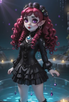 1girl,solo,long hair,breasts,looking at viewer,bangs,skirt,hair ornament,long sleeves,dress,jewelry,closed mouth,standing,purple eyes,red hair,earrings,small breasts,boots,outdoors,frills,pointy ears,artist name,black skirt,water,necklace,nail polish,black dress,lips,makeup,night,fangs,drill hair,knee boots,lipstick,brooch,gem,pale skin,red nails,corset,wading,pendant,eyeshadow,cross-laced footwear,lolita fashion,gothic lolita,red lips,candle,gothic,puffy sleeves,wavy hair,frilled dress,curly hair,lolita hairband,ringlets