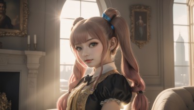 1girl,solo,long hair,looking at viewer,bangs,brown hair,shirt,dress,bow,ribbon,twintails,brown eyes,upper body,pink hair,short sleeves,frills,parted lips,day,puffy sleeves,indoors,bowtie,puffy short sleeves,lips,grey eyes,window,black bow,chair,sunlight,candle,picture frame,painting (object),smile,hair ornament,green eyes,backlighting,realistic