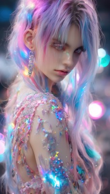 1girl,solo,long hair,looking at viewer,bangs,jewelry,closed mouth,upper body,pink hair,multicolored hair,earrings,tears,pink eyes,blurry,from side,lips,eyelashes,depth of field,blurry background,glowing,gem,crystal,realistic,nose,bokeh,dress,bare shoulders,blue hair,purple hair,parted bangs,grey eyes,makeup,watermark,wavy hair