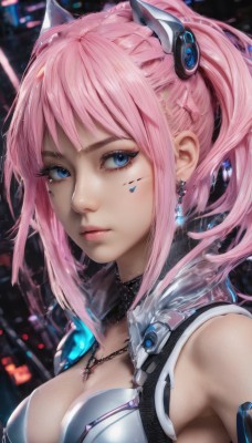 1girl,solo,long hair,breasts,looking at viewer,bangs,blue eyes,large breasts,hair ornament,cleavage,twintails,jewelry,medium breasts,closed mouth,upper body,ponytail,pink hair,sidelocks,earrings,shiny,armpits,necklace,blurry,lips,eyelashes,blurry background,headgear,pendant,science fiction,realistic,nose,bare shoulders,jacket,braid,open clothes,sleeveless,artist name,armor,bodysuit,makeup,facial mark,expressionless,cross,portrait,close-up,eyeshadow,pink lips,eyeliner,facepaint,mascara