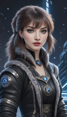 1girl,solo,long hair,breasts,looking at viewer,bangs,brown hair,brown eyes,jewelry,jacket,upper body,earrings,outdoors,parted lips,open clothes,blurry,open jacket,lips,coat,black jacket,grey eyes,fur trim,eyelashes,makeup,night,blurry background,lipstick,brooch,snow,snowing,realistic,nose,red lips,artist name,necklace,gem,fur collar