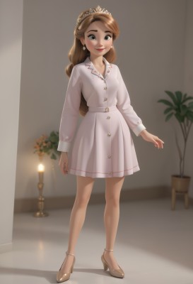 1girl,solo,long hair,breasts,looking at viewer,smile,blue eyes,brown hair,long sleeves,dress,jewelry,closed mouth,standing,full body,earrings,small breasts,indoors,white dress,blurry,high heels,makeup,shadow,brown footwear,tiara,plant,simple background,necklace,nail polish,black eyes,lips,coat,lipstick,red lips