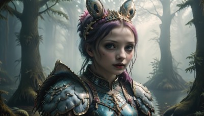 1girl,solo,long hair,looking at viewer,blue eyes,hair ornament,jewelry,upper body,purple hair,braid,outdoors,parted lips,teeth,artist name,armor,mole,tree,lips,eyelashes,mole under eye,makeup,tiara,crown,lipstick,shoulder armor,gem,portrait,nature,forest,freckles,pauldrons,realistic,nose,fantasy,red lips,blush,scenery