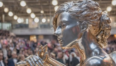 1girl,solo,short hair,1boy,upper body,male focus,parted lips,solo focus,blurry,from side,lips,profile,depth of field,blurry background,colored skin,portrait,realistic,blue skin,music,grey skin,multiple others,statue,crowd,alien,people,blonde hair,holding,closed eyes,grey hair,indoors,hair bun,single hair bun,science fiction,singing,power armor