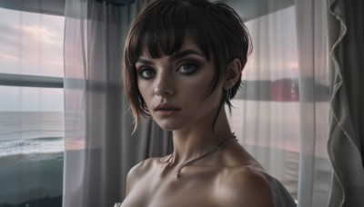 1girl,solo,looking at viewer,short hair,bangs,brown hair,black hair,jewelry,collarbone,upper body,nude,earrings,parted lips,sky,teeth,cloud,indoors,necklace,lips,grey eyes,window,makeup,ocean,beach,piercing,thick eyebrows,curtains,ear piercing,portrait,freckles,realistic,nose,bare shoulders,brown eyes,green eyes,eyelashes