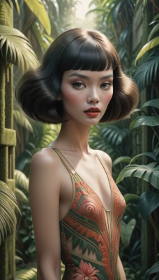 1girl,solo,breasts,looking at viewer,blush,short hair,bangs,black hair,dress,cleavage,bare shoulders,green eyes,collarbone,upper body,flower,small breasts,outdoors,parted lips,day,artist name,signature,blunt bangs,blurry,tree,lips,bare arms,eyelashes,makeup,leaf,watermark,floral print,sunlight,bob cut,plant,lipstick,nature,forest,realistic,nose,arms at sides,red lips,spaghetti strap,standing,red dress,backlighting,red one-piece swimsuit