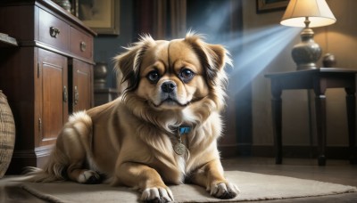 HQ,solo,looking at viewer,brown eyes,indoors,collar,no humans,animal,chair,table,curtains,dog,realistic,lamp,animal focus,jewelry,sitting,lying,signature,necklace,book,sunlight,pendant,light rays,wooden floor,light,animal collar,carpet,rug