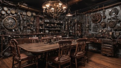 indoors,cup,book,no humans,window,chair,table,bottle,scenery,wooden floor,clock,lamp,stool,shelf,gears,bar (place),ceiling light,globe,steampunk,telescope,analog clock,loaded interior,chandelier,wall clock,wooden chair