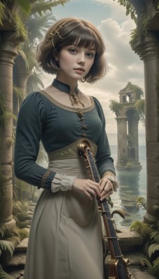 1girl,solo,breasts,short hair,bangs,blue eyes,skirt,brown hair,shirt,hair ornament,long sleeves,dress,holding,jewelry,standing,collarbone,weapon,cowboy shot,outdoors,parted lips,sky,day,artist name,cloud,water,holding weapon,tree,blue sky,lips,gun,bob cut,cloudy sky,blue shirt,plant,instrument,scenery,rifle,grey skirt,long skirt,realistic,nose,pillar,looking at viewer,black hair,earrings,sword,necklace,leaf,watermark,sunlight