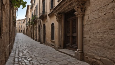 outdoors,sky,day,tree,blue sky,no humans,window,shadow,plant,building,scenery,stairs,door,road,wall,pillar,street,arch,alley,pavement,cloud,sunlight,architecture,lamppost,path,column,stone floor,stone wall,vanishing point,brick floor