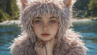 1girl, solo, looking at viewer, short hair, blue eyes, animal ears, white hair, outdoors, parted lips, cat ears, water, blurry, lips, grey eyes, fur trim, blurry background, portrait, freckles, realistic, hand on own chin