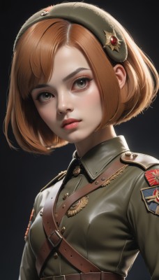 1girl,solo,breasts,looking at viewer,short hair,bangs,simple background,brown hair,shirt,brown eyes,closed mouth,jacket,upper body,hairband,small breasts,belt,uniform,lips,grey eyes,military,military uniform,bob cut,black background,green jacket,realistic,nose,badge,medal,hat,eyelashes,makeup,buttons,beret,freckles,epaulettes,green headwear,emblem,military jacket