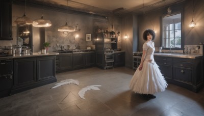 1girl,solo,looking at viewer,short hair,black hair,dress,brown eyes,standing,short sleeves,indoors,black footwear,white dress,black eyes,cup,window,chair,table,bottle,feathers,plant,scenery,desk,wooden floor,long dress,tiles,potted plant,lamp,kitchen,drawer,ceiling light,cabinet,vase,quill