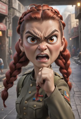 1girl,solo,long hair,breasts,looking at viewer,open mouth,brown hair,long sleeves,brown eyes,upper body,braid,outdoors,teeth,solo focus,day,tongue,blurry,uniform,twin braids,military,military uniform,buttons,depth of field,blurry background,fangs,ground vehicle,building,clenched hand,angry,motor vehicle,forehead,freckles,epaulettes,pocket,city,realistic,car,road,breast pocket,shouting,street,soldier,lips,genderswap,genderswap (mtf),badge