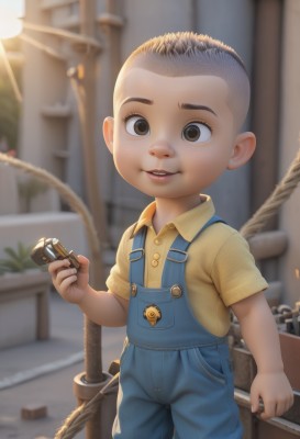 solo,looking at viewer,smile,short hair,brown hair,shirt,1boy,holding,brown eyes,standing,short sleeves,grey hair,male focus,outdoors,parted lips,teeth,collared shirt,blurry,blurry background,child,freckles,yellow shirt,overalls,male child,very short hair,open mouth,black hair,denim,realistic,badge