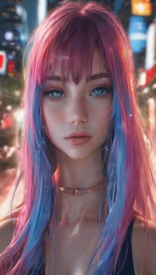 1girl,solo,long hair,breasts,looking at viewer,bangs,blue eyes,bare shoulders,jewelry,blue hair,collarbone,upper body,pink hair,multicolored hair,earrings,outdoors,parted lips,choker,artist name,blurry,two-tone hair,lips,eyelashes,night,depth of field,blurry background,watermark,tank top,cross,portrait,web address,freckles,realistic,nose,cleavage,teeth,sleeveless,necklace,wet,gradient hair,makeup,thick eyebrows,rain,water drop,city,wet hair,pink choker,bokeh,mascara,city lights