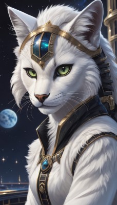 solo,looking at viewer,smile,jewelry,closed mouth,green eyes,upper body,sky,signature,no humans,night,animal,moon,cat,slit pupils,brooch,gem,star (sky),night sky,furry,starry sky,colored sclera,space,animal focus,white fur,planet,whiskers,earth (planet),animal ears,artist name,cat ears,from side,full moon,fantasy