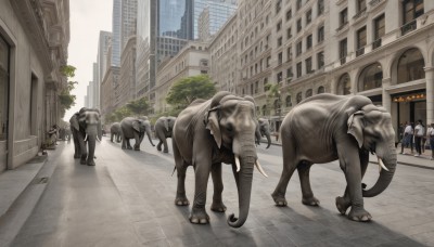 multiple girls,outdoors,multiple boys,day,tree,no humans,animal,building,scenery,walking,6+boys,dog,city,road,horse,street,pavement,crosswalk,sky,ground vehicle,motor vehicle,realistic,car,cityscape,statue,oversized animal,vanishing point,elephant