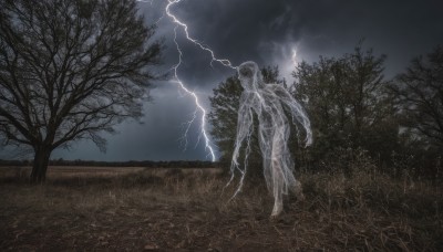 1girl,solo,long hair,holding,very long hair,standing,weapon,outdoors,sky,barefoot,cloud,tree,no humans,night,cloudy sky,grass,nature,scenery,forest,electricity,bare tree,lightning,horror (theme),see-through,night sky,rain,monster,dark,eldritch abomination