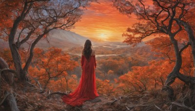 1girl,solo,long hair,brown hair,black hair,long sleeves,dress,bare shoulders,standing,outdoors,sky,cloud,from behind,tree,leaf,red dress,nature,scenery,forest,sunset,mountain,sun,branch,facing away,autumn leaves,bare tree,autumn,signature,sunlight,wide shot,landscape,mountainous horizon