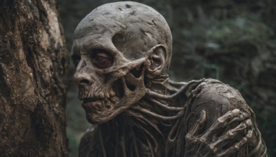 solo,looking at viewer,1boy,upper body,male focus,outdoors,blurry,tree,mask,blurry background,portrait,nature,forest,skull,realistic,bald,skeleton,no humans,horror (theme),holding skull