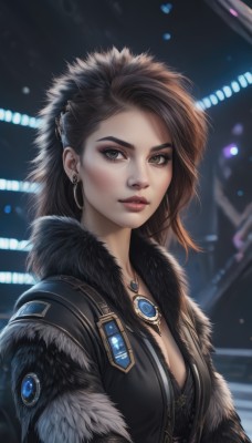 1girl,solo,long hair,breasts,looking at viewer,brown hair,hair ornament,cleavage,brown eyes,jewelry,medium breasts,jacket,upper body,earrings,parted lips,artist name,medium hair,necklace,blurry,lips,fur trim,eyelashes,makeup,blurry background,eyeshadow,hoop earrings,realistic,nose,eyeliner,small breasts,pendant