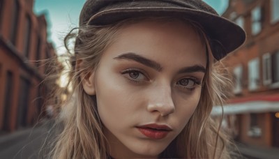 1girl,solo,long hair,looking at viewer,blonde hair,brown hair,hair ornament,hat,brown eyes,closed mouth,flower,outdoors,parted lips,day,artist name,hair flower,blurry,lips,grey eyes,eyelashes,black headwear,makeup,depth of field,blurry background,thick eyebrows,lipstick,building,portrait,close-up,freckles,realistic,nose,red lips,sky,blue sky