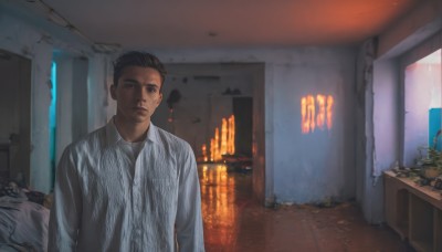 solo,looking at viewer,short hair,shirt,black hair,long sleeves,1boy,closed mouth,upper body,male focus,striped,collared shirt,indoors,black eyes,bed,reflection,science fiction,striped shirt,realistic,brown hair,white shirt,blurry,window,dress shirt,blood,door,photo background