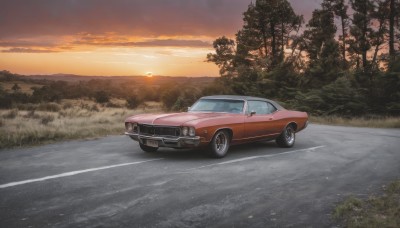 outdoors,sky,cloud,tree,no humans,cloudy sky,grass,ground vehicle,nature,scenery,motor vehicle,forest,sunset,sun,car,road,vehicle focus,evening,sports car