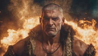 solo,looking at viewer,1boy,jewelry,closed mouth,upper body,white hair,male focus,dark skin,necklace,vest,fur trim,muscular,facial hair,scar,dark-skinned male,fire,portrait,beard,scar on face,smoke,realistic,scar across eye,bald,manly,old,sepia,old man,embers,dust,grey hair,pointy ears