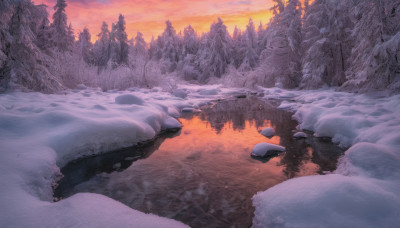 outdoors, sky, cloud, water, tree, no humans, nature, scenery, snow, forest, sunset, rock, mountain, winter, river, landscape, orange sky, pine tree