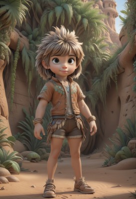 solo,looking at viewer,short hair,brown hair,shirt,1boy,brown eyes,jewelry,closed mouth,standing,jacket,full body,short sleeves,male focus,outdoors,shoes,shorts,day,belt,artist name,bracelet,tree,plant,child,palm tree,male child,brown shorts,vest,rock