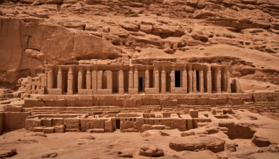 monochrome,outdoors,no humans,building,scenery,rock,ruins,bridge,sepia,brown theme,sky,water,sand,desert