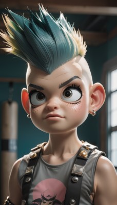 1girl,solo,short hair,shirt,1boy,brown eyes,jewelry,closed mouth,blue hair,upper body,male focus,multicolored hair,earrings,green hair,sleeveless,indoors,blurry,blurry background,piercing,suspenders,tank top,spiked hair,ear piercing,child,freckles,female child,overalls,male child,very short hair,mohawk,blonde hair,bare shoulders,collarbone,vest,two-tone hair,lips,eyelashes,window,aged down,nose,undercut