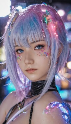 1girl,solo,looking at viewer,short hair,bangs,blue eyes,hair ornament,bare shoulders,jewelry,upper body,pink hair,white hair,multicolored hair,earrings,parted lips,choker,blurry,lips,eyelashes,makeup,blurry background,facial mark,portrait,realistic,nose,breasts,cleavage,blue hair,purple hair,sidelocks,shiny,artist name,water,necklace,from side,looking to the side,gradient hair,depth of field,bubble,water drop,pink lips,bokeh