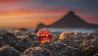 outdoors, sky, cloud, blurry, no humans, scenery, sunset, mountain, sun, planet